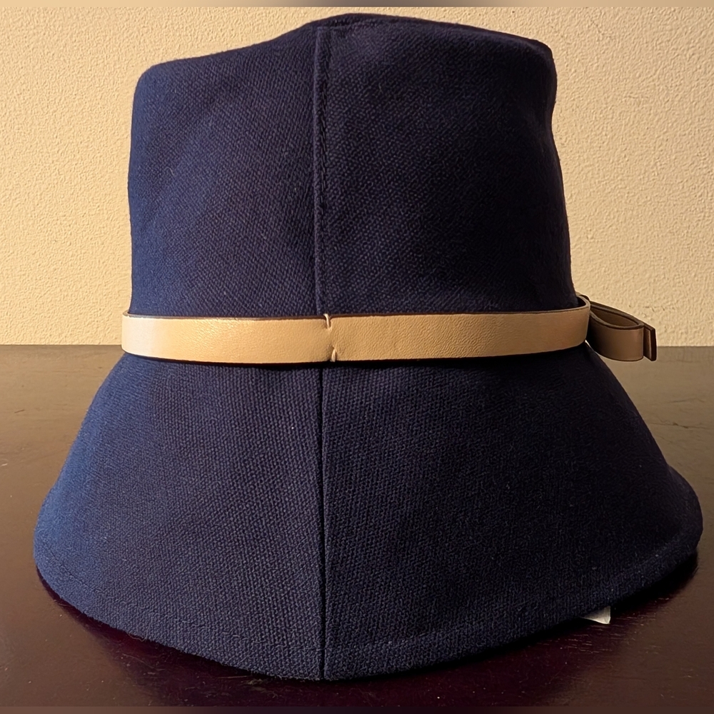 NWT Kate Spade Hats Off Bucket Hat Bonded Canvas Navy Blue Tan Leather Trim - Picture 3 of 12